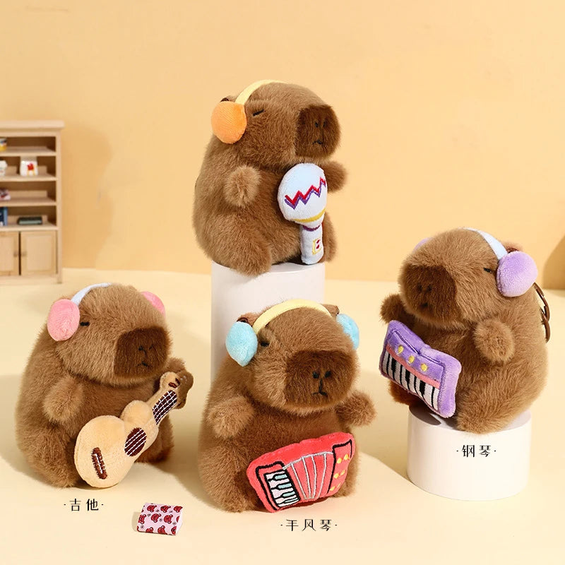 Kawaii Music Headphone Plush Capybara Keychain Stuffed Animal Cartoon Fluffy Animal Doll Soft Simulation Capybara Pendant Toy