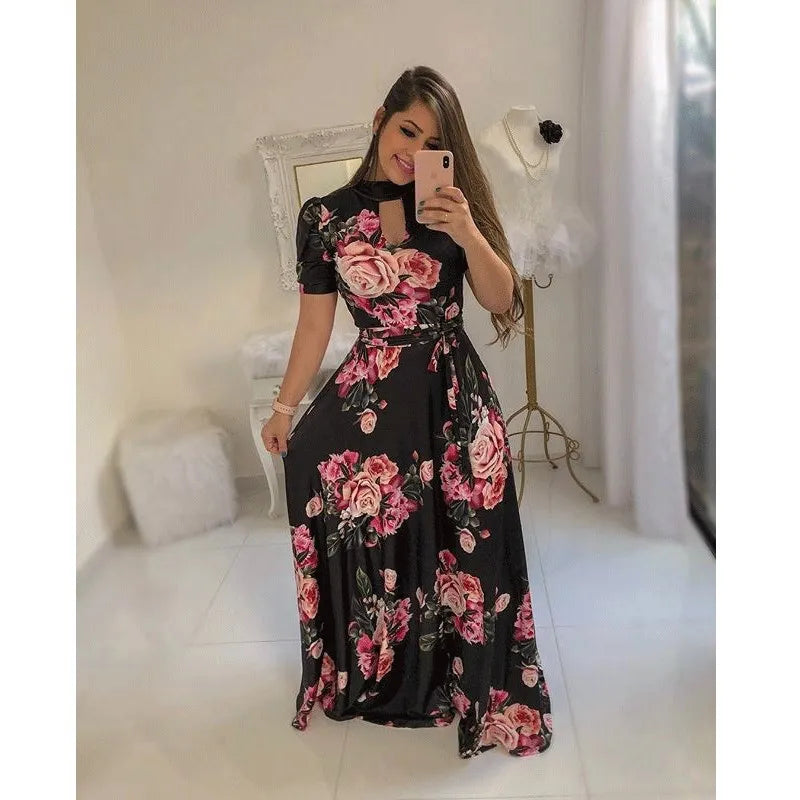 Coldker S-5XL European Style Women's Casual Dresses Floral Printing Patchwork Striped Pattern A-Line Empire Waistline Short