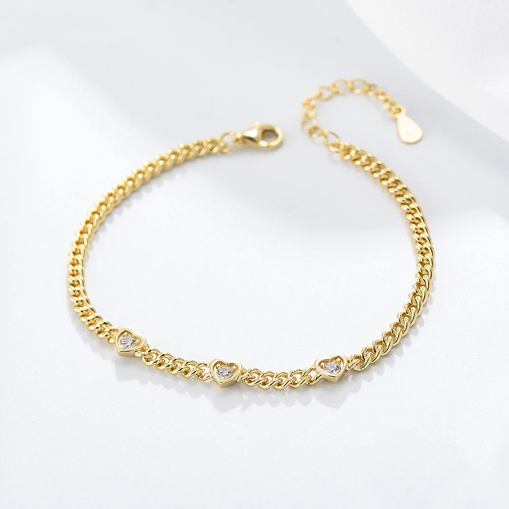 S925 Sterling Silver Heart-Shaped Zircon Charm Bracelet Women's 14K Gold Plated Micro Insert Adjustable CZ Link Chain Bracelet