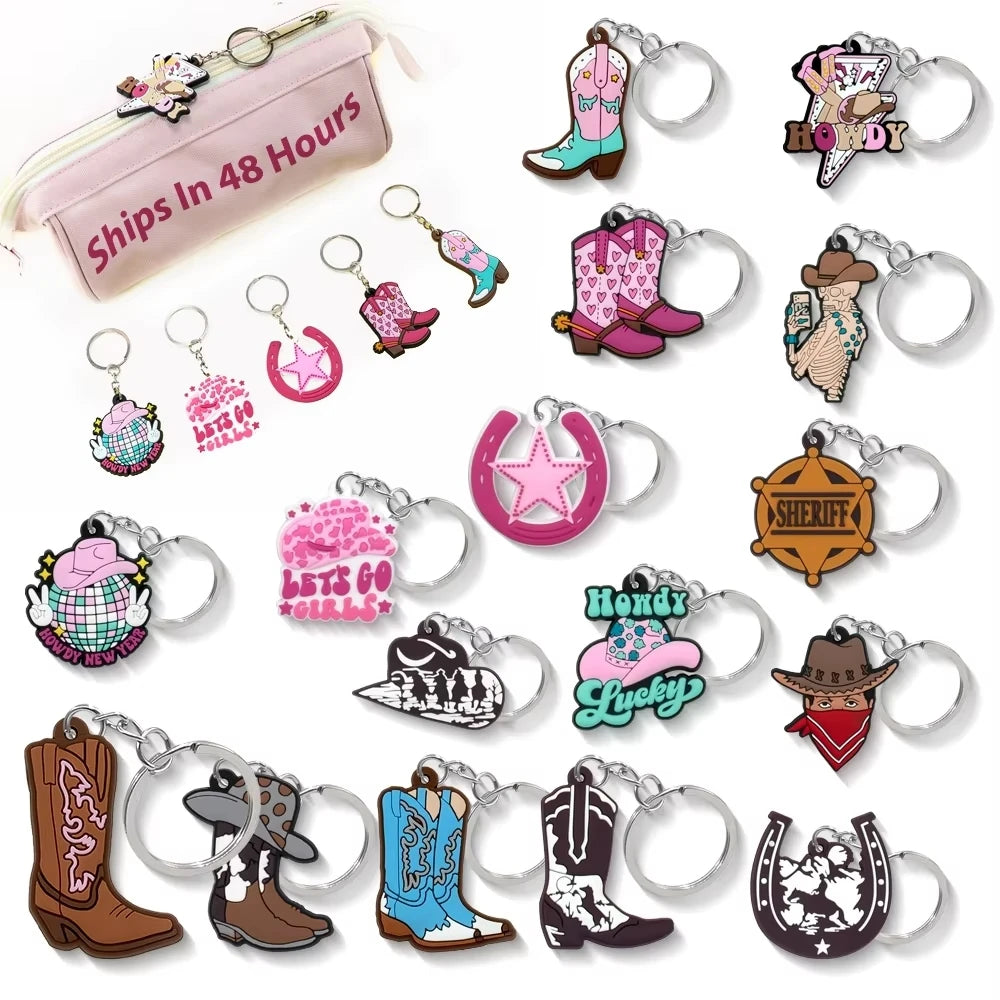 Personalized Character pink Cowgirl Hat Boot Pvc Custom logo Cute Anime Rubber Key Chains Toy Charms Accessories for Keychains