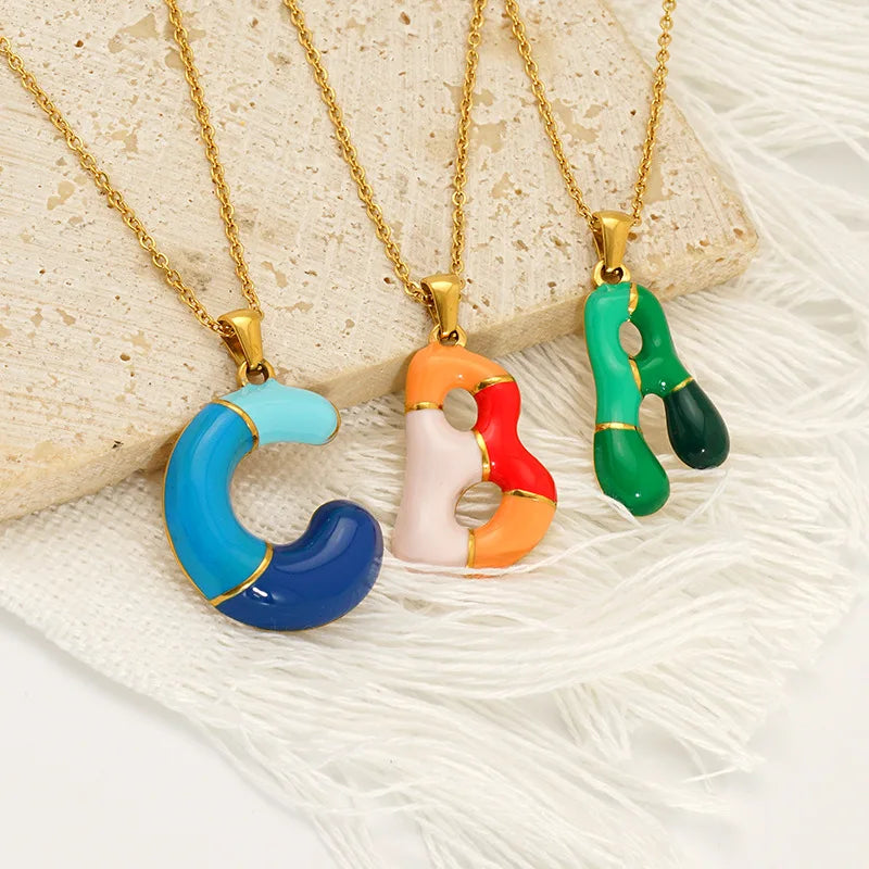 Bold 18K Gold Plated Stainless Steel Initial Pendant Necklace with Unique Enamel Bubble Design New Trendy Personalized Jewelry