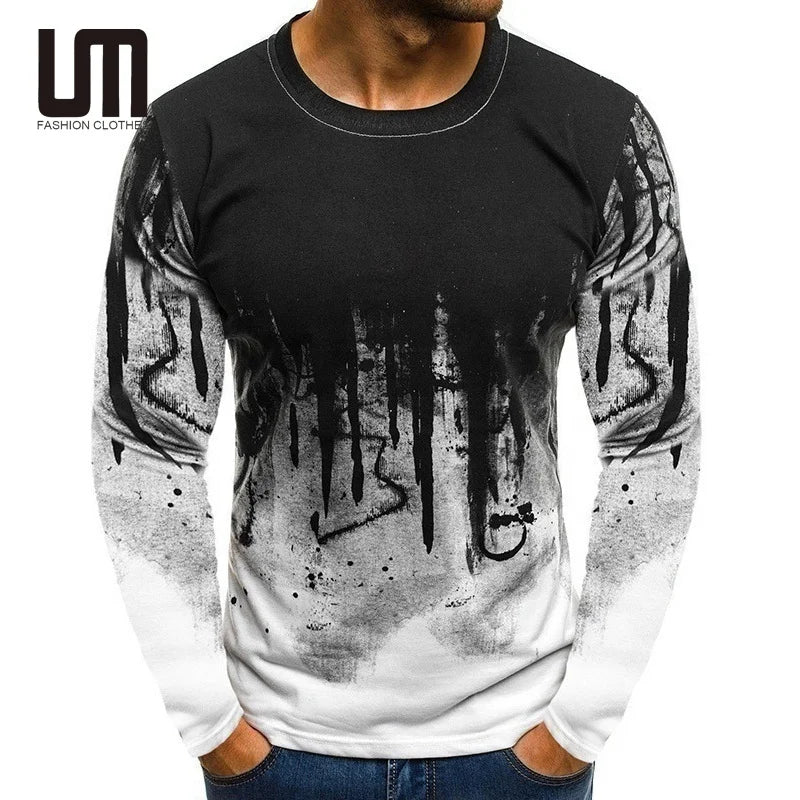 Liu Ming 2025 Men Color Block 3D Printed T Shirt Autumn Casual Long Sleeve Oversized Round Neck Tops Comfortable Tees for Men