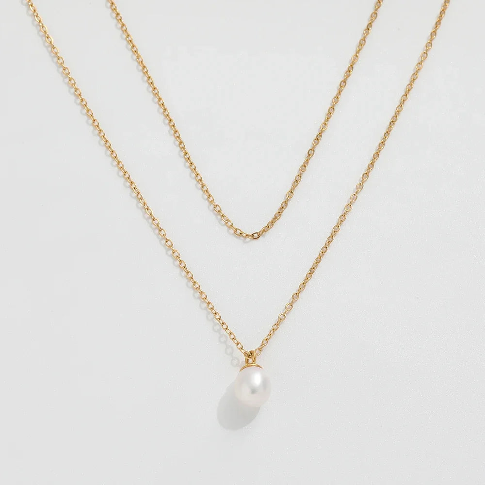 Fenny 18K Gold Plated Wholesale Elegant Fresh Water Pearl Pendant Double-layer Dainty Chain Stainless Steel Necklace for Women