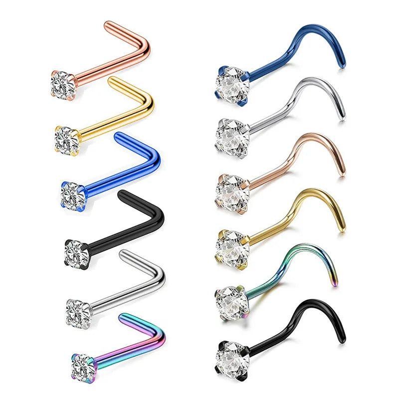 Hot Sale Piercing Jewelry L-shape Accessory Stainless Steel Nose Studs Exquisite Round Zirconia Nose Ring Gifts for Women