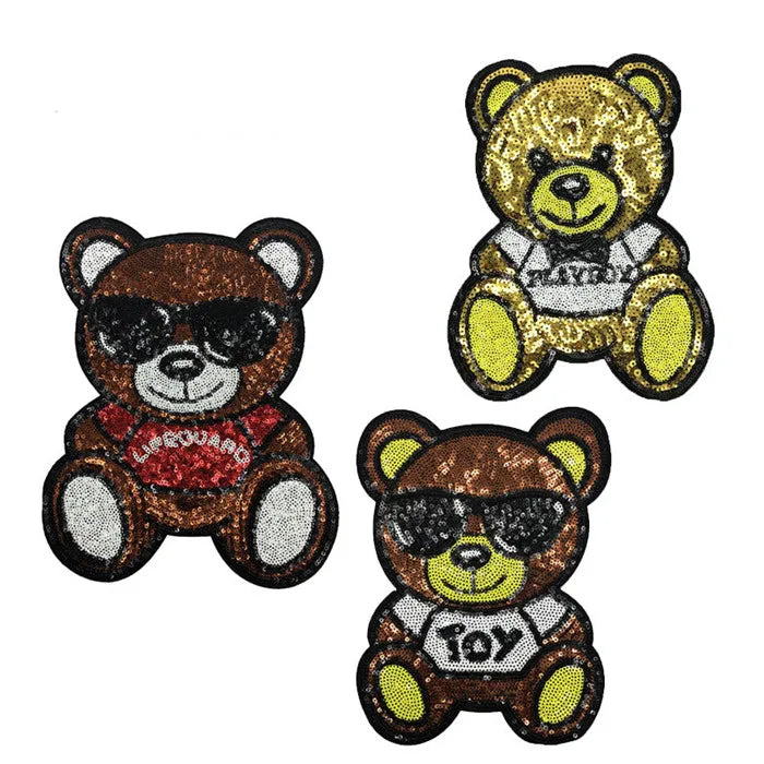 Big Size Cartoon Bear Sequined Patches for Clothing Pants Fleece Iron on