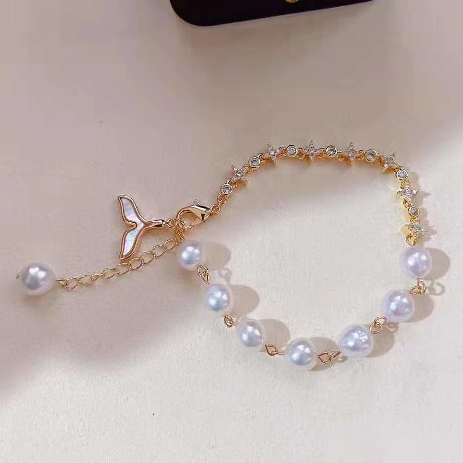 Gold-Plated Mermaid Shell Inlaid 6-7mm Freshwater Baroque Pearl Bracelet Jewelry Gift for Girls During Holidays