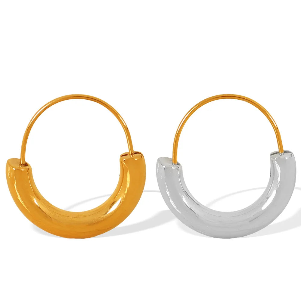 Stainless Steel Waterproof Fashionable Women Jewelry 18k Gold Plated Geometric Semi Circular Two Stone Design Earrings YF3819