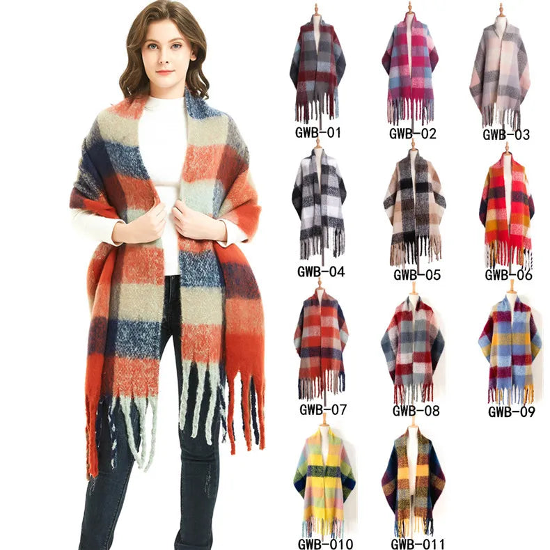 Manufacturer Luxury Designer Colorful Plaid Pashmina Scarves Winter Warm Stylish Long Fringe Thickness Polyester Cashmere Shawls