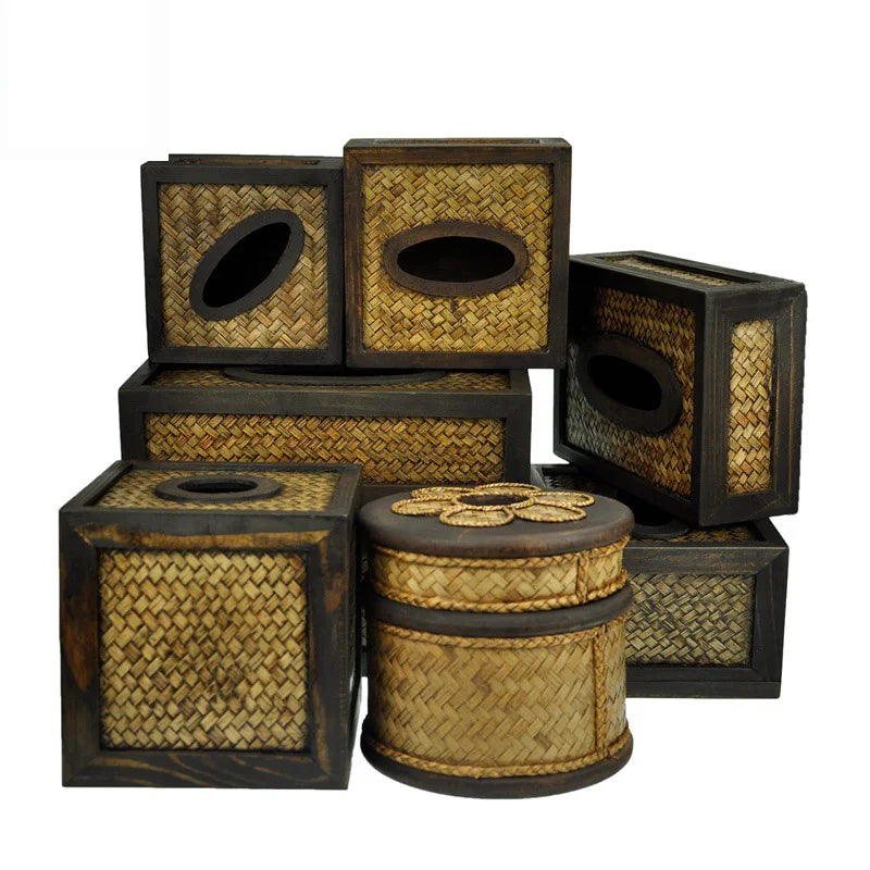 Luxurious Solid Wood Tissue and Napkin Box Bamboo Woven Furniture Wooden Draw Box