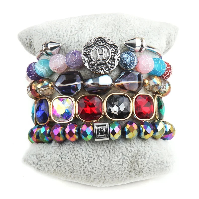 English Alphabet Button Bracelet Metal Open Cuff Nail Bangle Natural Stone Glass Bead Square Crystal Druzy Stack Bracelet Sets
