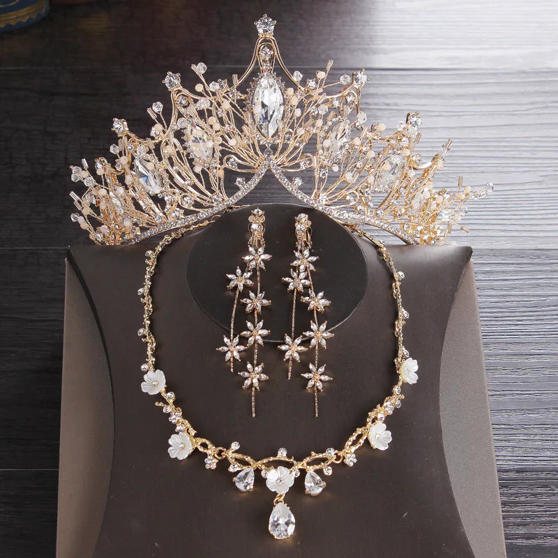 Hot Selling Wedding Women Bridal Jewelry Sets Alloy Silver Gold Plated Rhinestone Crown Necklace Earrings Sets