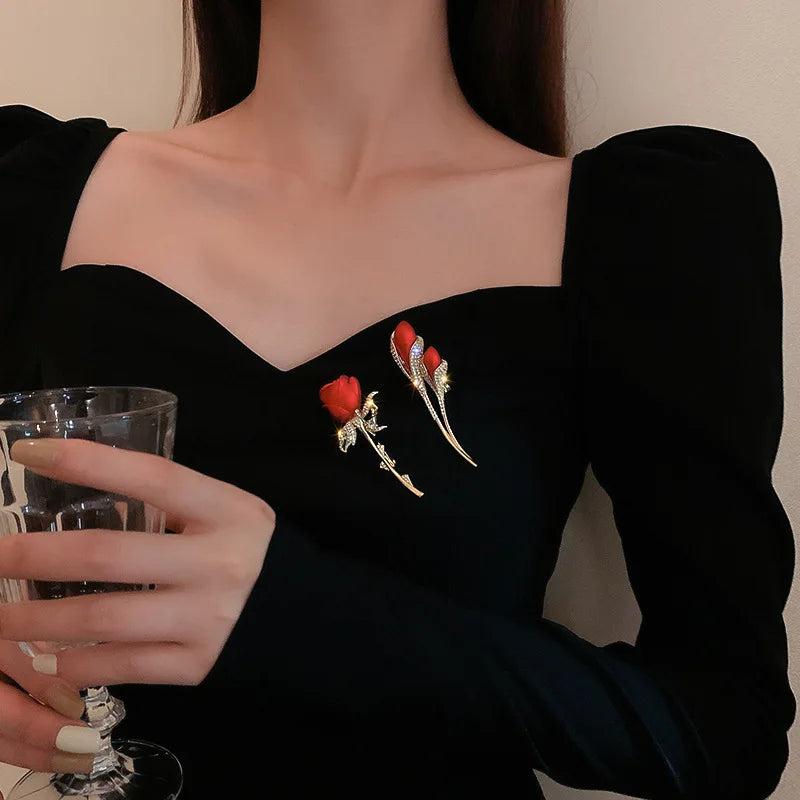 Fashion Design Clothes Flower Accessories Alloy Diamond Inlaid Rose Tulip Brooch Simple Flower Brooch Jewelry