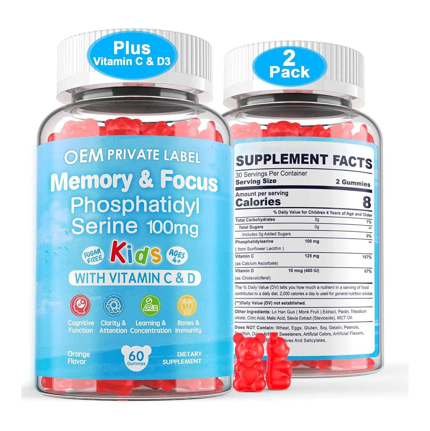 Phosphatidylserine Supplement with Vitamin C D3 Kids Brain Gummies Focus Gummies Increase Attention Concentration for Kids Teens