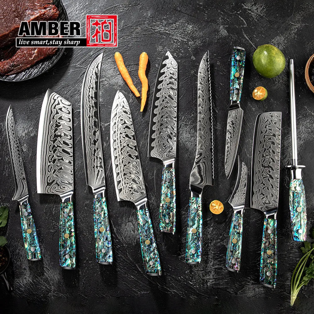Amber Customized logo AUS10 45layers Bread Paring Boning Butcher Cleaver Kitchen Chef Damascus Knife Set with Abalone Handle