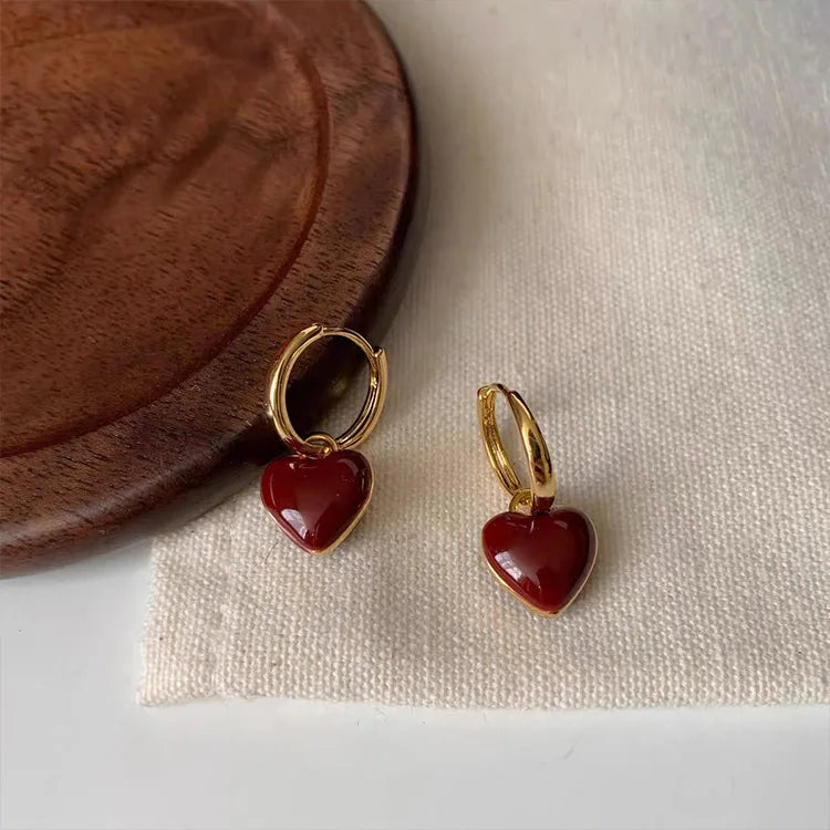 Sweet Women Girls Gold Color Metal Love Heart Pendant Hoop Earrings Gift Jewelry Enamel Drip Oil Red Heart Earrings