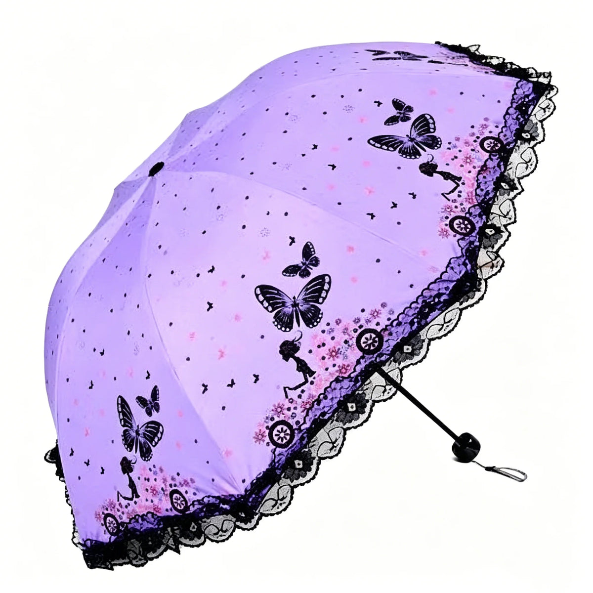 Portable 3 Folding Anti UV Sun Rainy Umbrella Fashionable Butterfly Lace Parasol Umbrella for Women