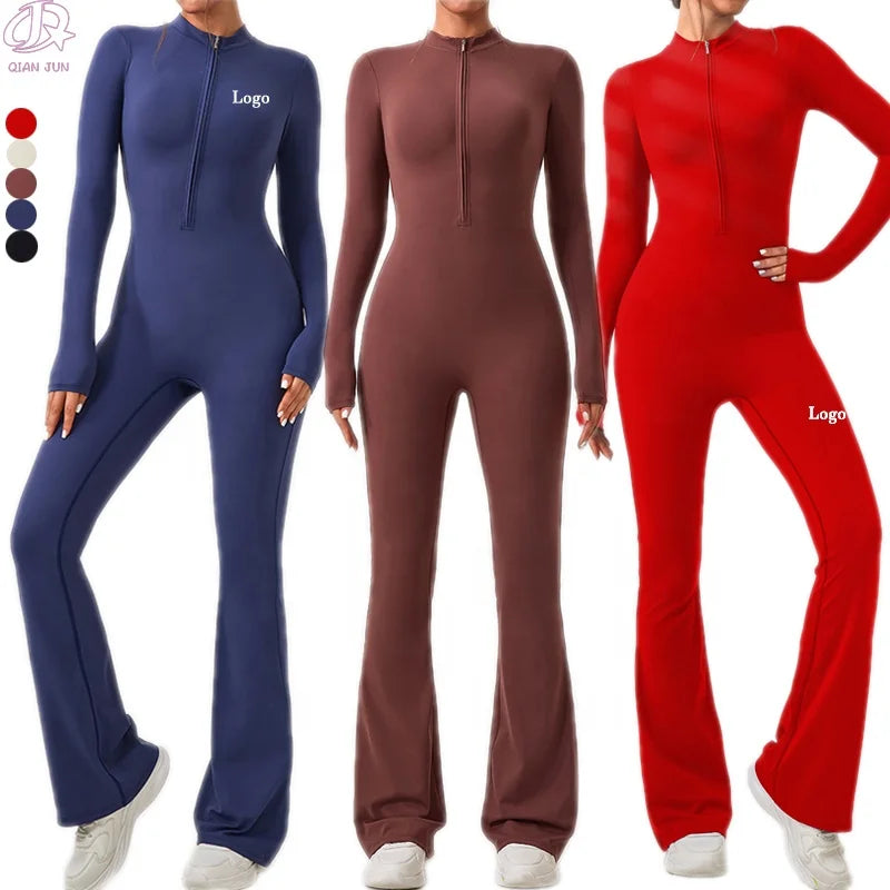 Wholesale Women's Long Sleeve Sports Jumpsuit Custom Logo One Piece Bodysuit Solid Color Running Gear