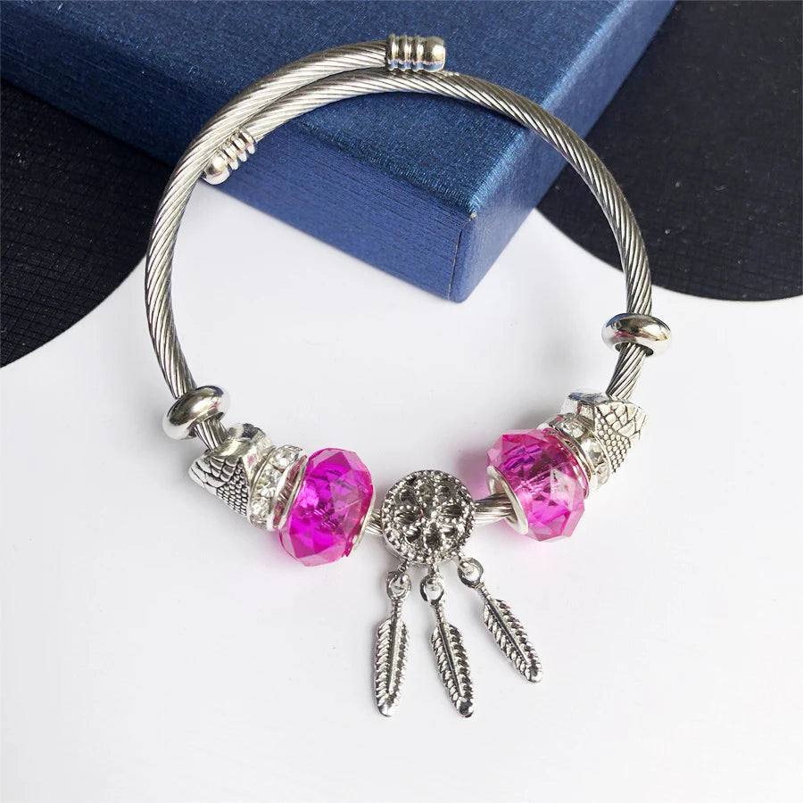 2026 fashion design 4 Colors Bead Bracelets Stainless Steel Dream Catcher Pendant Red Blue Green Colors Women Charm Bracelets