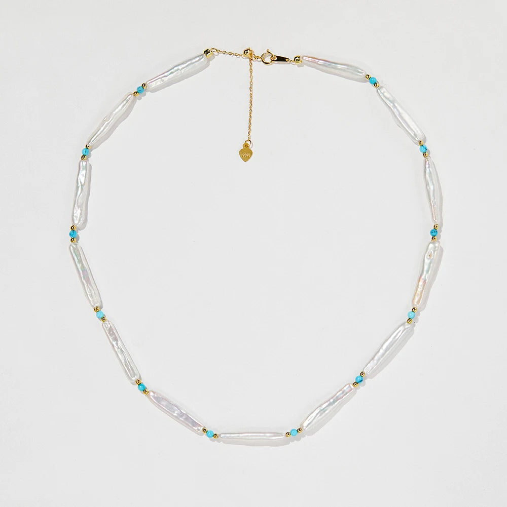 Niche Handmade Design 925 Sterling Silver Gold Plated Turquoise Freshwater Pearl Beaded Necklace Ready to Ship Custom