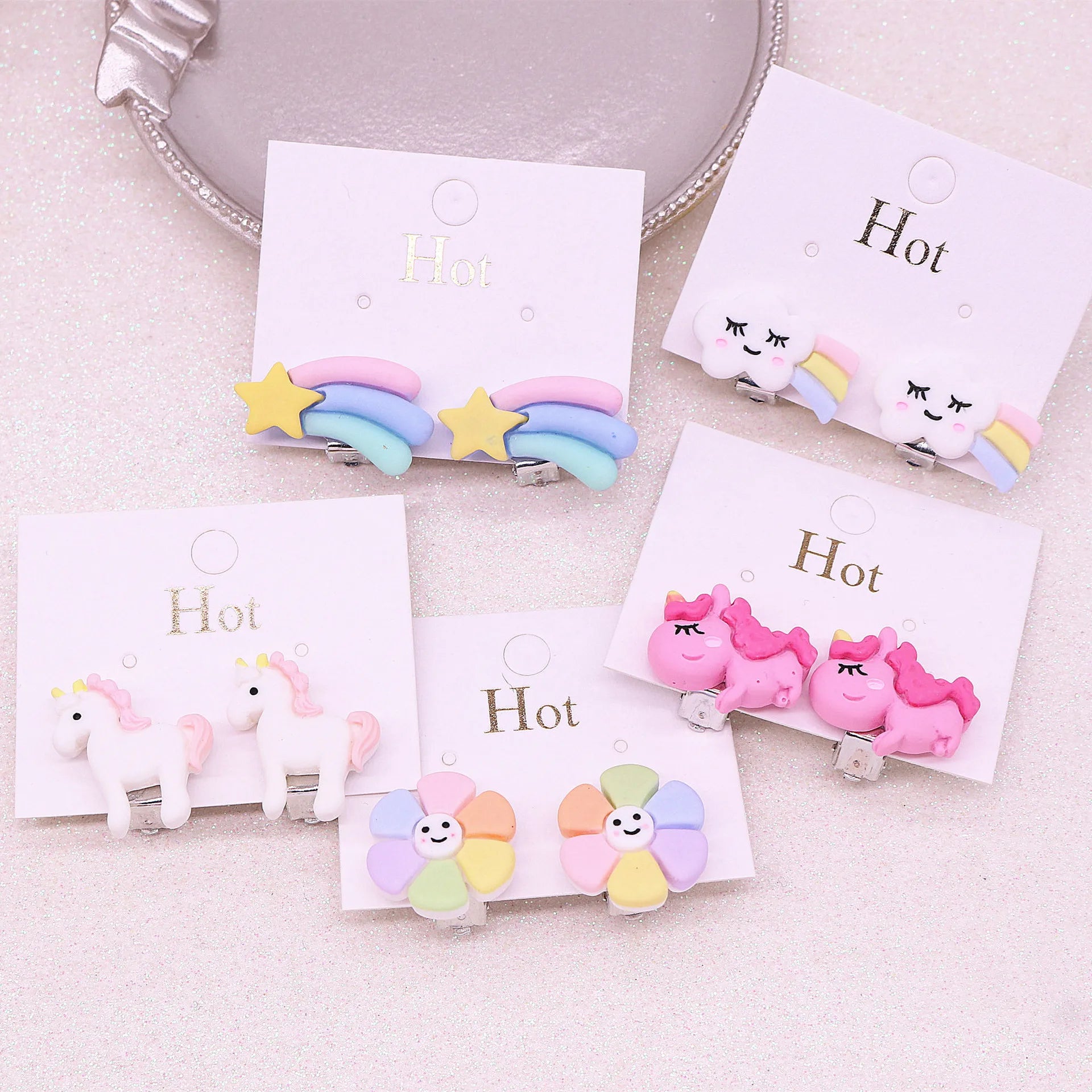 ODM Kids Clip-On Earrings Cartoon Rainbow Drop Pendants Cute Geometric Style No Pierced Jewelry for Children
