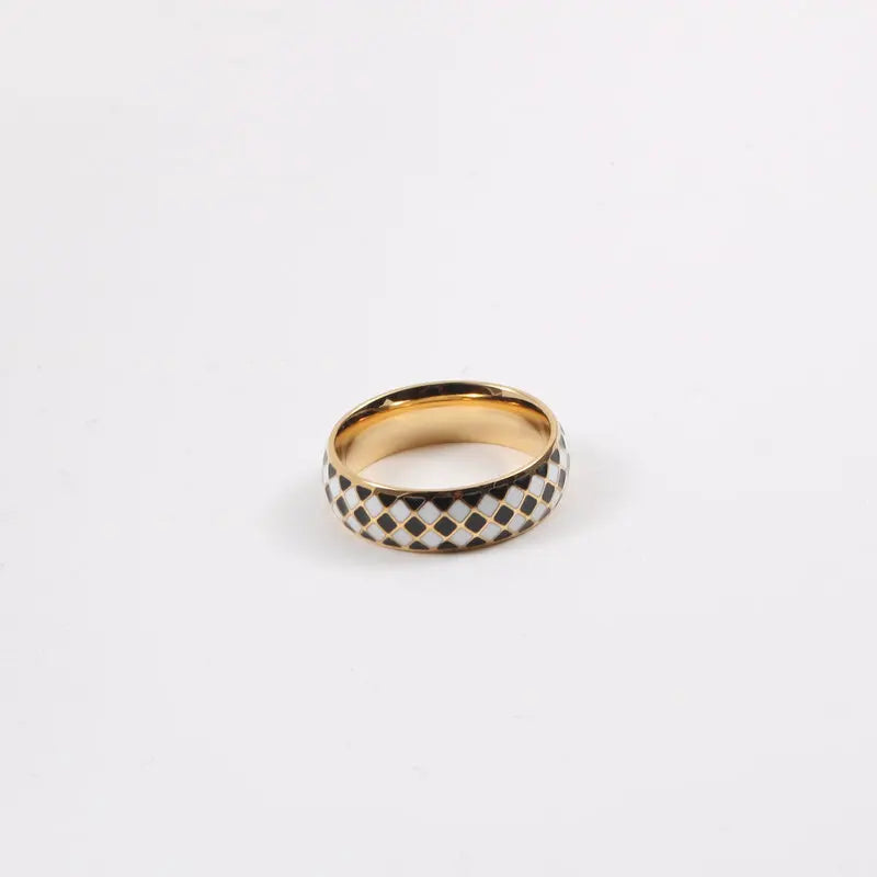 Fenny Non Tarnish Fashion Diamond Checkerboard Black&White Glue Stainless Steel Ring Wholesale High Quality Jewelry