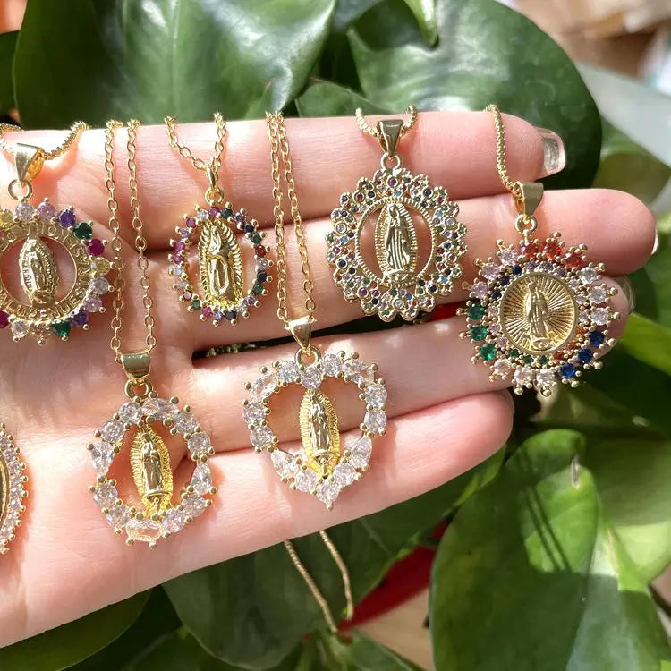 Charm Jewelry 2021 Ins Hot Cz Diamond Jade 18k Gold Women Guadalupe Virgin Mary Necklace Around Diamond