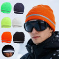 17 Years Factory Custom logo Winter Knitted Beanie Yellow Reflective Stripe Running Ski Beanie Hat for Adult