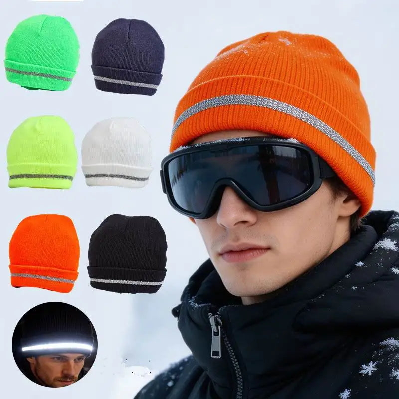 17 Years Factory Custom logo Winter Knitted Beanie Yellow Reflective Stripe Running Ski Beanie Hat for Adult
