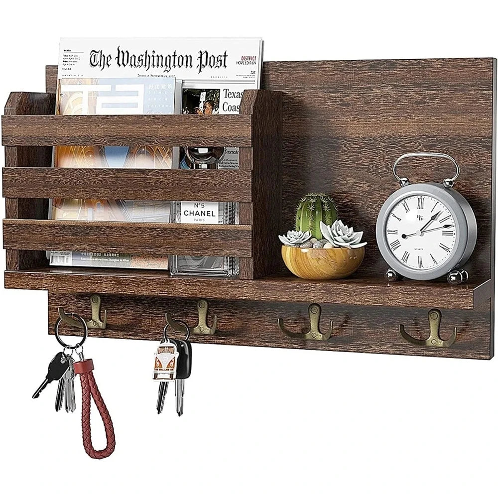 Wooden Wall Shelf With Cloth Hook Entryway Organizer Coat Hooks Key Rack Mail Holder