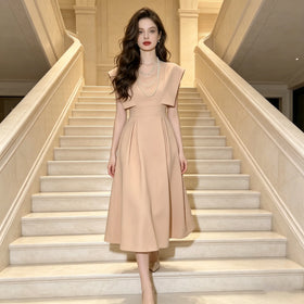 ZYHT 10832 Elegant Temperament Flying Sleeves High Waist Pleated Women Dress Champagne Big Swing a Line Dress