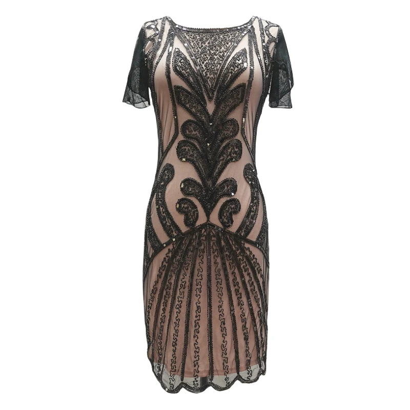 Vintage Women's 1920s Flapper Beaded Embroidery Mesh Flare Sleeve Sequin Cocktail Party Dress Knee Length Great Gatsby Dress