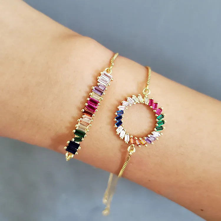BC1330  Colored CZ Diamond Gemstone Micro Pave Gold Plated Bar Circle Halo Charms BraceletAdjustable Hand Chain Jewelry
