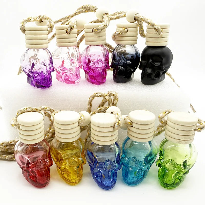 8ml Skeleton Skull Head Flat Shaped Colored Car Hanging Glass Perfume Bottle Air Freshener Wooden Lid