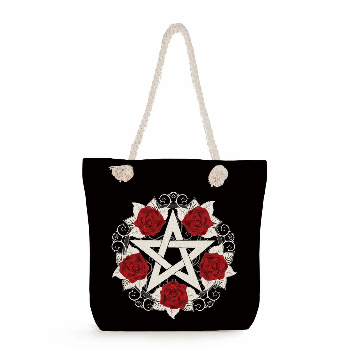 Rose Flower Music Symbol Canvas Initial Tote Beach Bag Shoulder Beach Tote Bag Large Handbags for Women