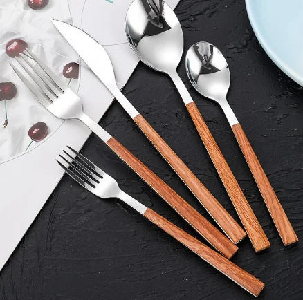 Flatware Spoon Fork Knife Stainless Steel Wooden Plating Handle Cutlery Set