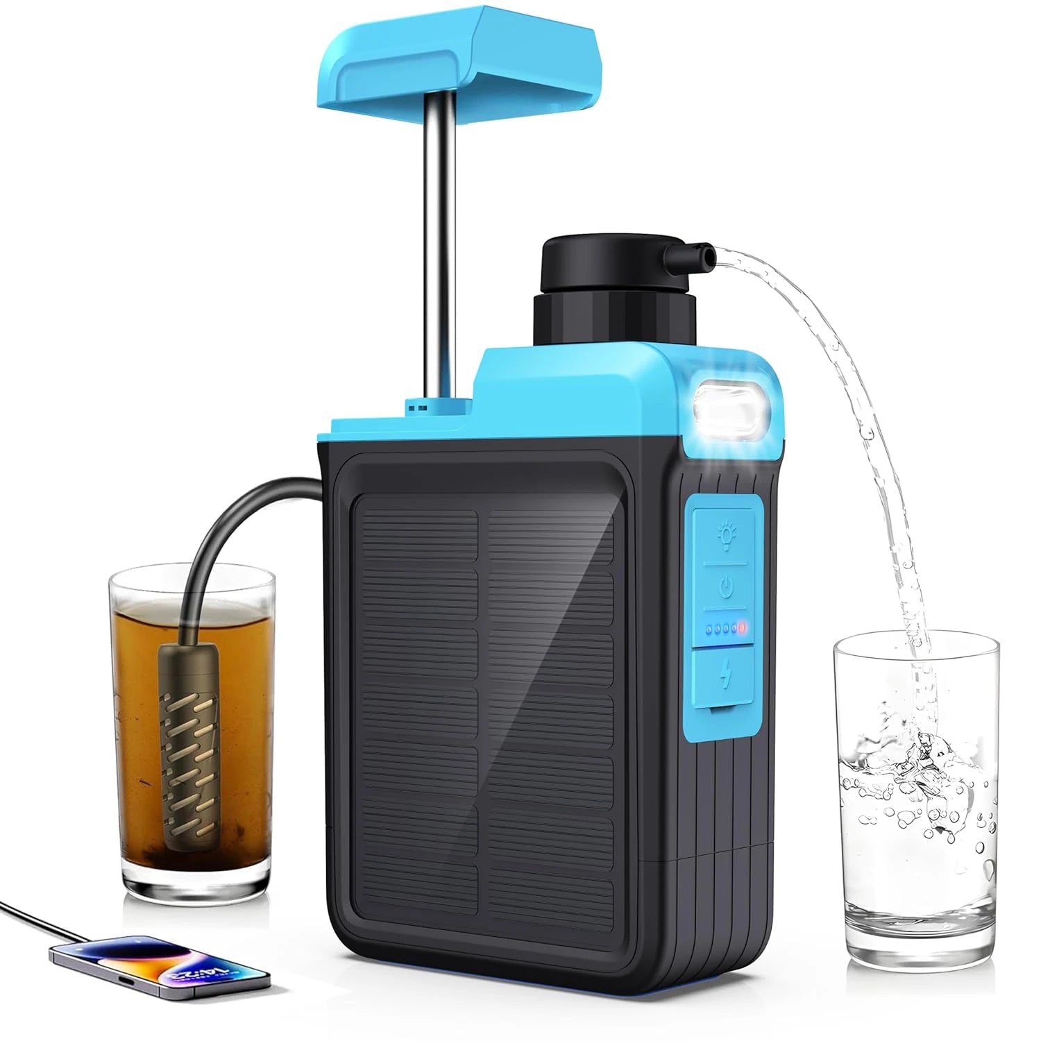 Portable Solar Electric Water Filter Filtration System for Camping Survival Travel Backpacking Hunting Water Purifier with Light