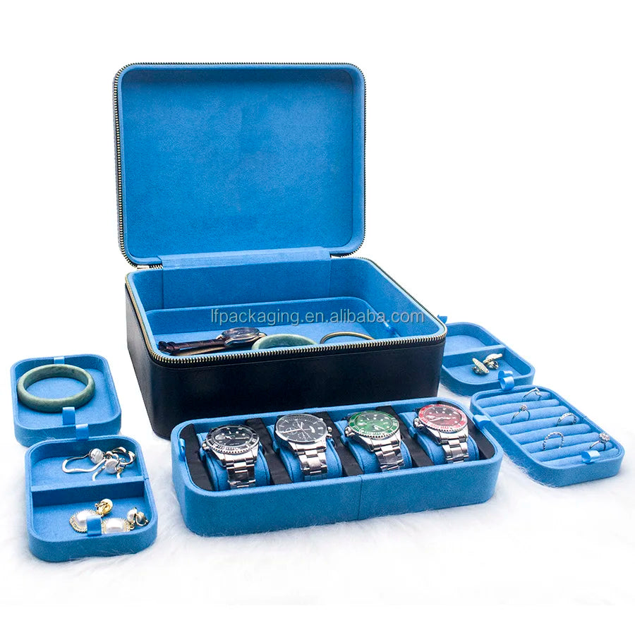 Ice Box US Hot Selling Big Jewelry Case With Many Trays Black Leather Suede Lining Jewelry Box Organizer
