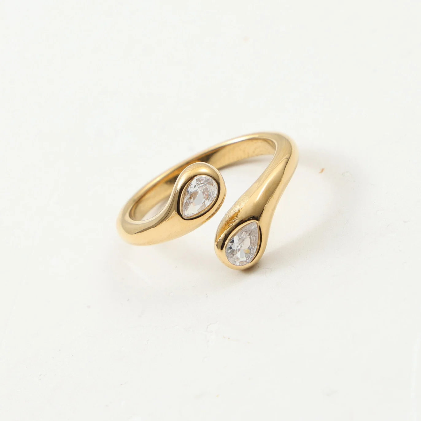 High-End 18K PVD Gold Plated Stainless Steel Ring Trendy Simple Double Water Drop Zircon Cross Open Rings Gift for Women
