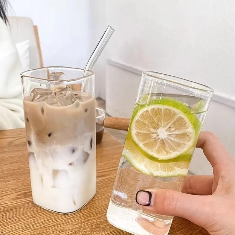 250ml/350ml/450ml Square Juice Milk Cup Hand-blown Lead-free Borosilicate Glass Coffee Cup