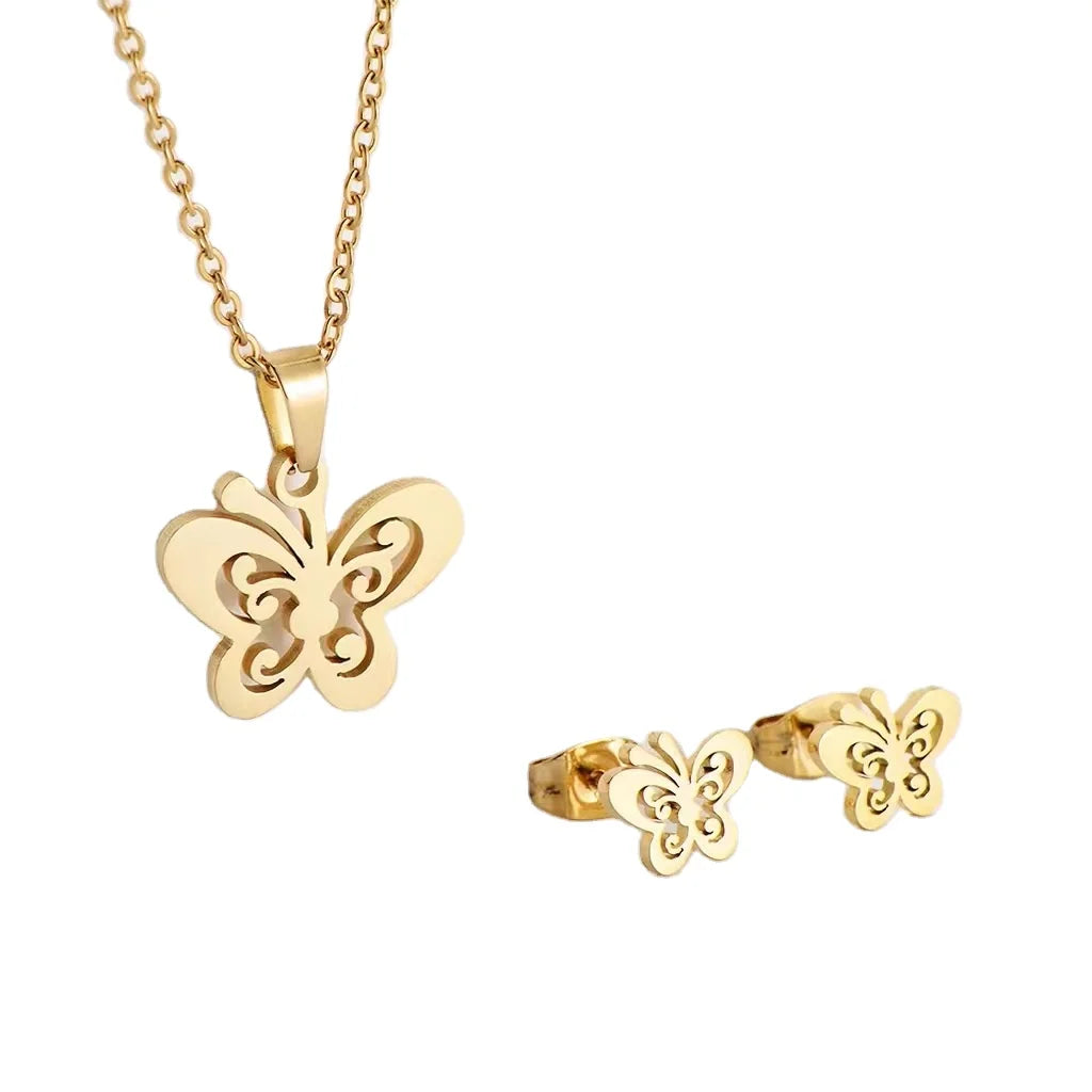 Hollow Out butterfly Animal  Pendant 18K Gold Plated Stainless Steel Jewelry Sets Earrings and Necklace for Women Men