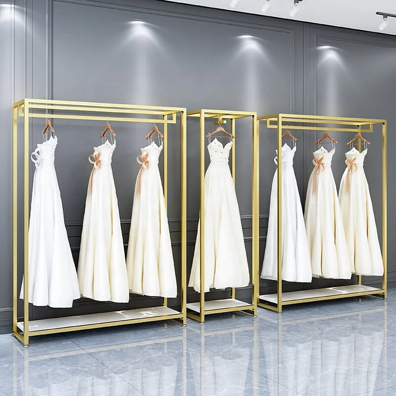 Bridal Store Stainless Steel Display Rack Stand Heavy Duty Clothing Shelf Electroplate Shiny Gold Wedding Dress Display Rack
