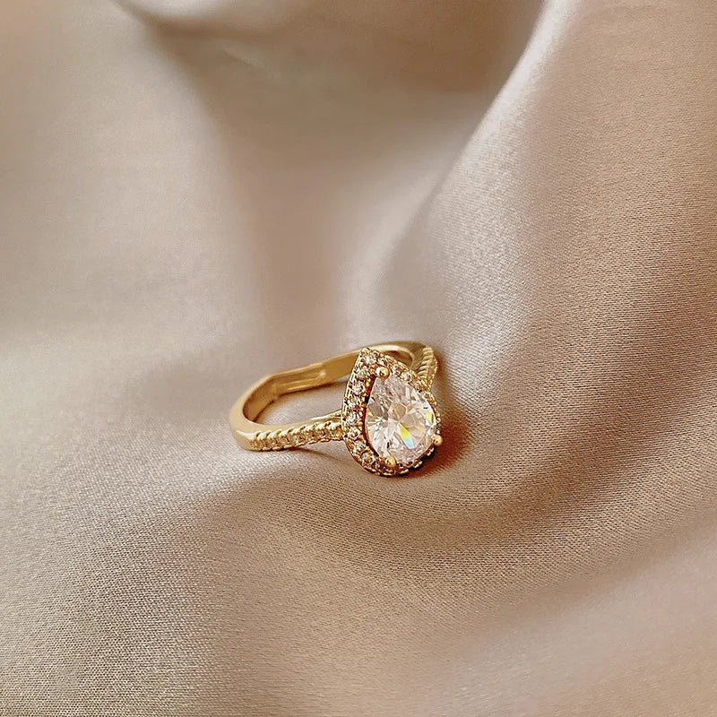 HOVANCI Zircon Water Drop Women Fashion Finger Ring Gold Plated Diamond Adjustable Open Wedding Finger Ring Engagement