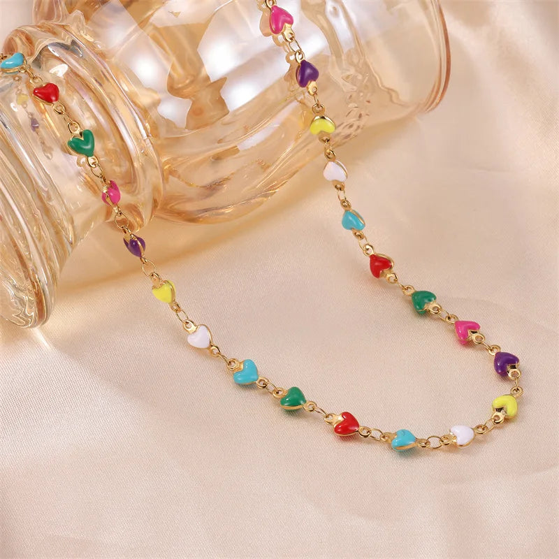 18k Gold Chain Women Necklace Gold Choker Colorful Bead Chain Necklace Girl Stainless Steel Rainbow Heart Necklace