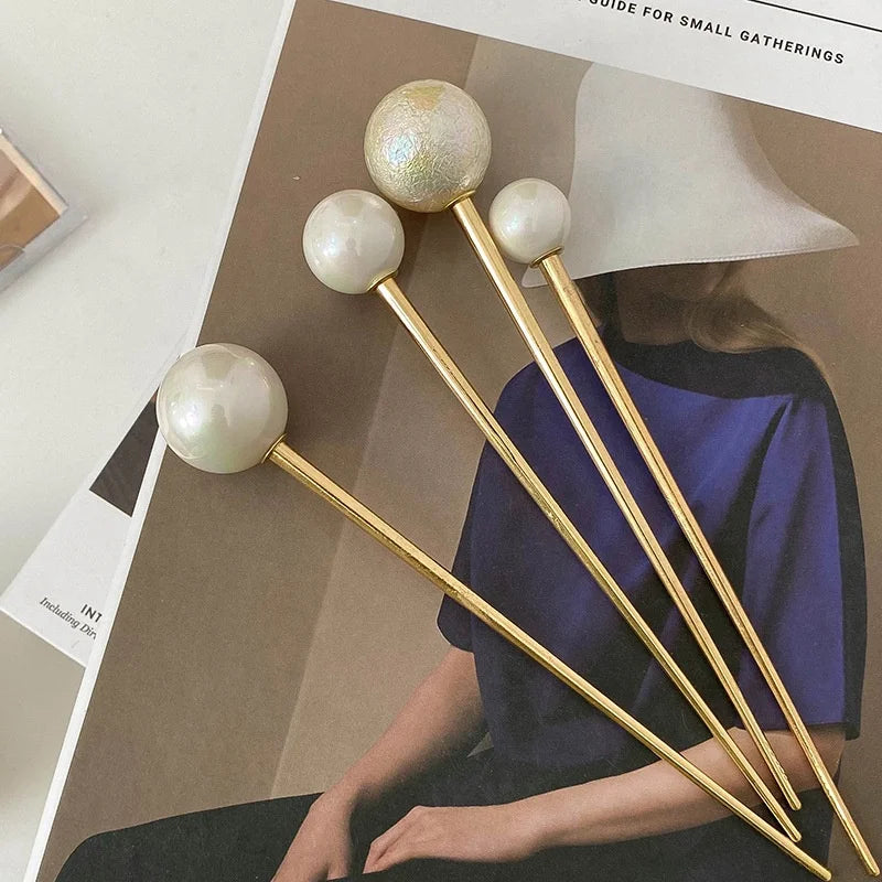 Elegant Big Medium Small Bead Hairpin Metal Alloy Hair Pins Chop Sticks Single Round Pearl Hair Sticks for Bun Thick Long Hair