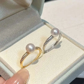 Freshwater Pearl Round AAAA Grade Gold/Platinum Plated Sterling Silver Women's Classic Engagement Ring Beizhijia 7-8MM
