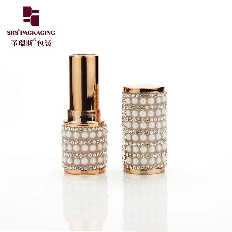 Custom Round Empty Container Cosmetic Packaging case Decorated With Pearls Hot Rose Gold Lipstick Tube