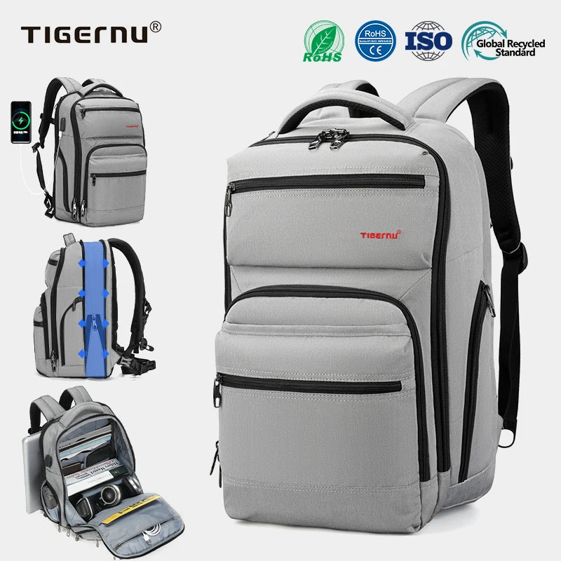 Tigernu Wholesale Business Fashionable Anti-theft Water-Proof Backpack Zipper Closure Travel School and Hiking Backpack for Men
