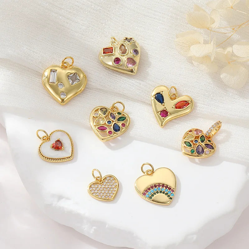 14K Gold Plated DIYJewelry Making Charms Colorful Zirconia Heart Shape Pendant Jewelry Making Accessories