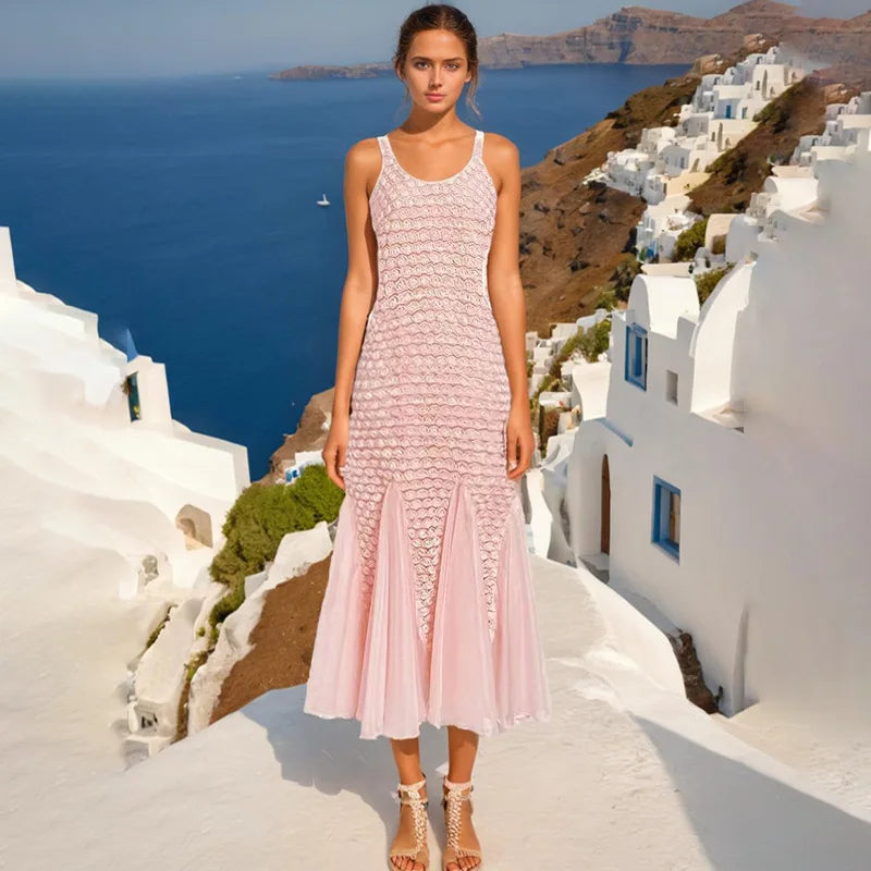 Elegant Lady Holiday Style Long Dress 2024 Autumn New Round Neck Sling Flower Splicing Mesh Dress for Women