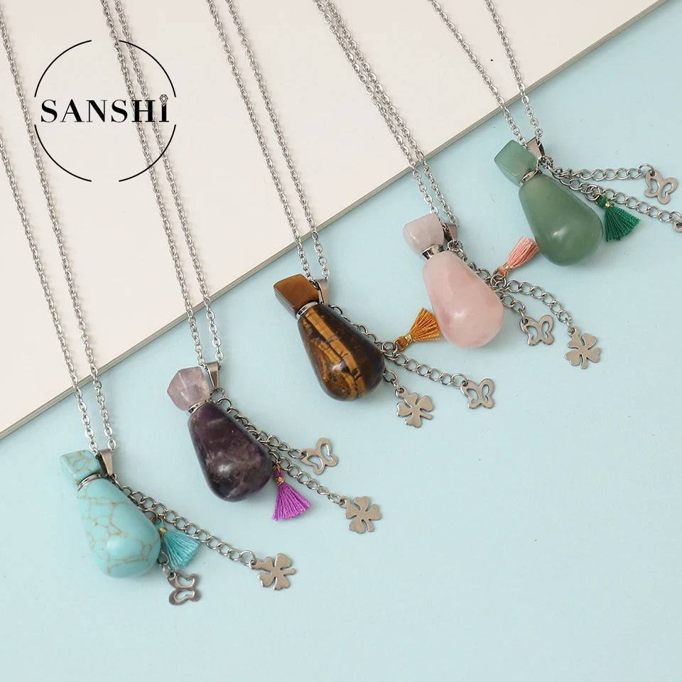 New Arrival Stainless Steel Crystal Rhinestone Cute Antique Perfume Bottle Vase Essential Oil Charm Necklace Rose Gold
